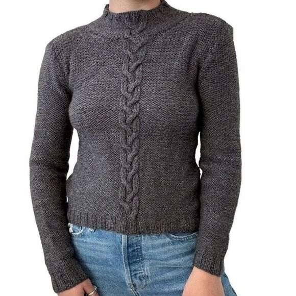 Vintage Womens Hand Knit Gray Cable Chunky 100% Wool Sweater Sz S - Picture 5 of 7